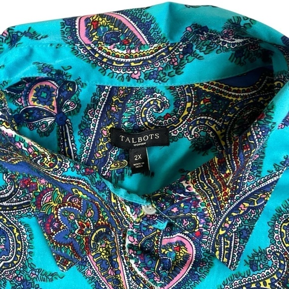 Talbots Classic Button Down Rainbow Multi Color Turquoise Paisley Print Sz 2X - Picture 9 of 16
